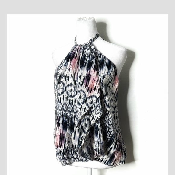 Amanda Uprichard Silk Top Halter Style Tie Neck Flyaway Styling Watercolor Print - Picture 4 of 12